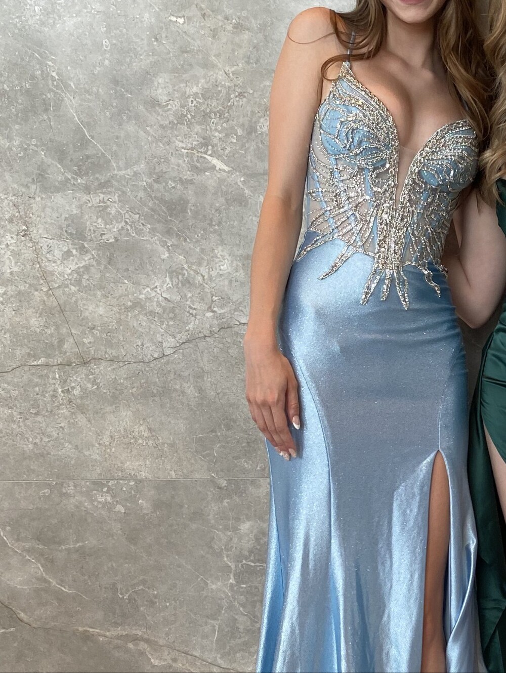 Elegant Cinderella Blue Satin Ruched Slit Dress - Women